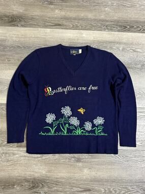 Vintage 90s LeRoy Butterflies Are Free Knit V-Neck Sweater Preppy - Women’s XL